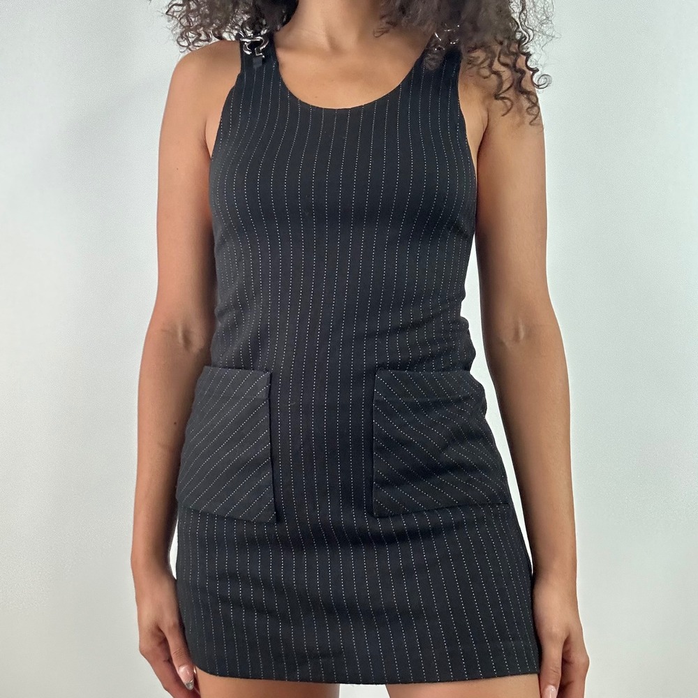 Vintage 90s Pinstripe Dress Mini Grunge Sleeveless Suspender Chain Size 7/8 - Picture 6 of 8